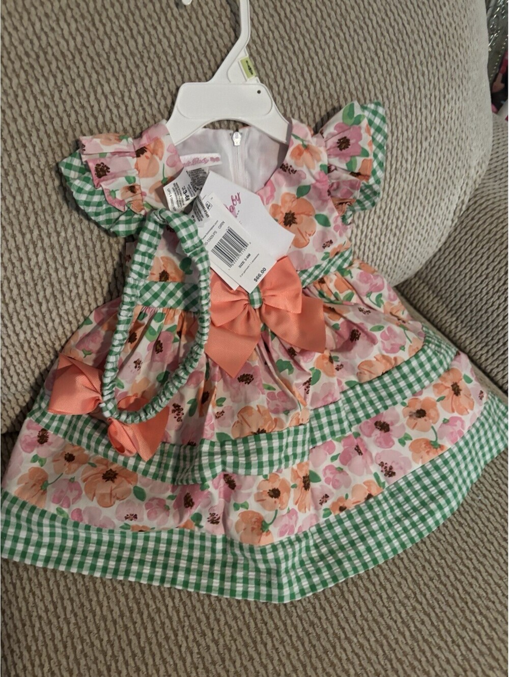 Bonnie Jean toddler girls pink floral and green gingham dress 3-6 Months NEW